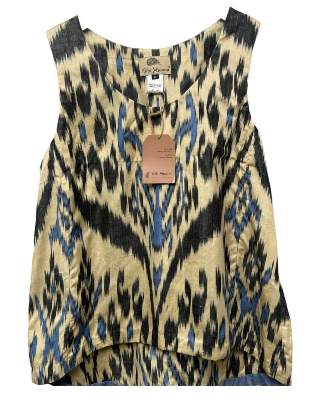 BIBI HANUM Ikat Top Medium Luxury Silk Cotton Sleeveless Hi Lo Gray Yellow Boho